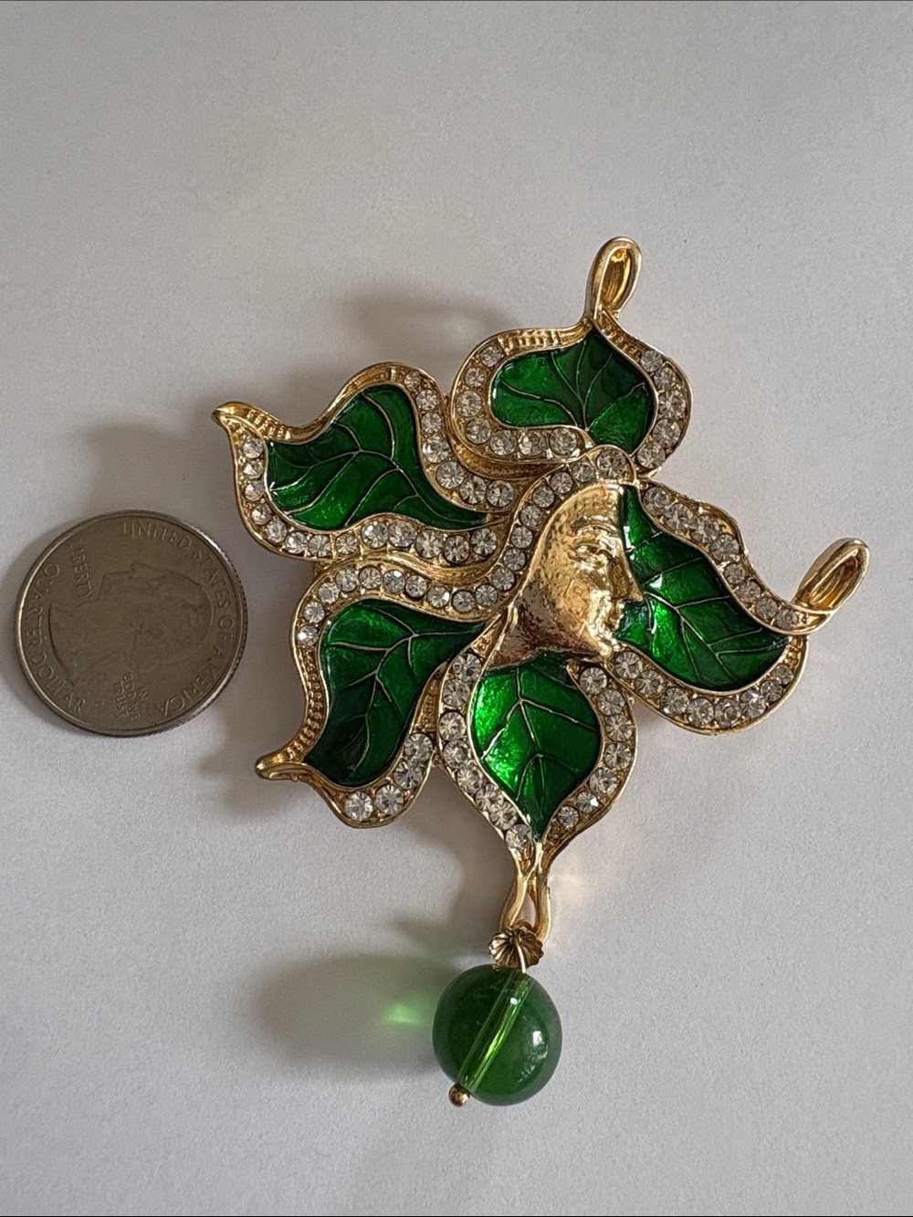 Gold and Emerald Green Leaf Pendant Brooch with Crystal Accents